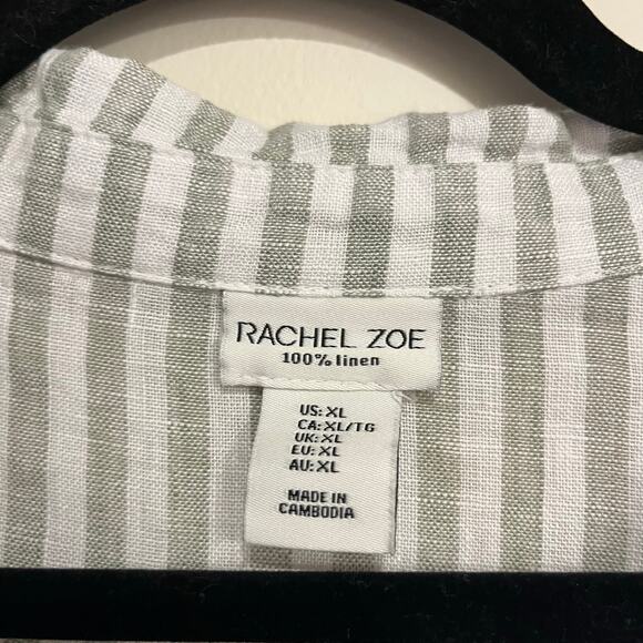 Rachel Zoe Blouse Popover Top Green White Stripe 100% Linen Flax Womens XL - Picture 4 of 4